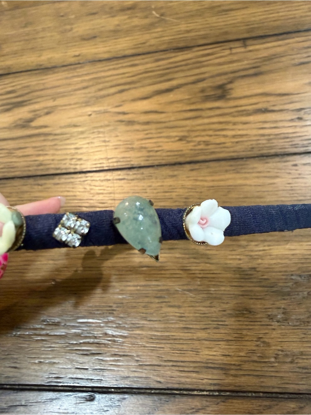 Gemstone Navy Fabric Headband with Mint Floral & Pearl Accents - Picture 6 of 8